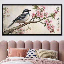 Small Bird Perched Upon Pink Petals - NicheCanvas