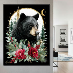 Moonlit Floral Gold Black Bear - NicheCanvas