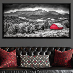 Red Barn in Monochrome Vista - NicheCanvas