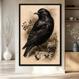 Solitary Starling Perched Upon Hawthorn Branch - NicheCanvas
