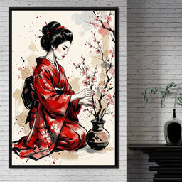 Japanese Woman with Cherry Blossoms - NicheCanvas