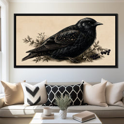 Solitary Starling Perched Upon Wild Berries - NicheCanvas