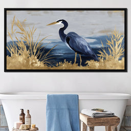 Coastal Heron Gold Reeds - NicheCanvas