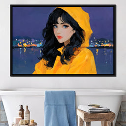 Raincoat Girl Under City Lights - NicheCanvas