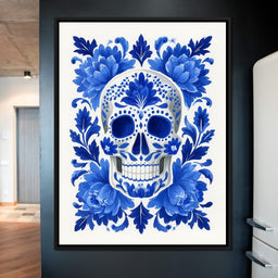 Blue Floral Sugar Skull Folkstyle - NicheCanvas