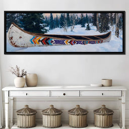 Painted Canoe Among Winter Pines - NicheCanvas