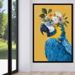 Floral Crown Blue Macaw Portrait - NicheCanvas
