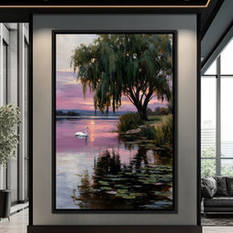 Swan Lake Sunset Willow Tree - NicheCanvas