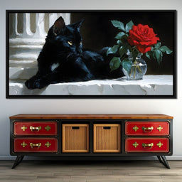Black Cat and Red Rose - NicheCanvas