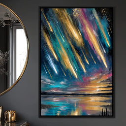 Golden Meteors Over Silent Lake - NicheCanvas