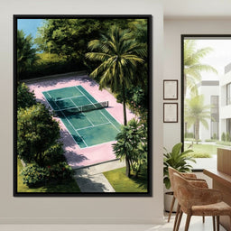 Palm Court Tennis Retreat Scene - NicheCanvas