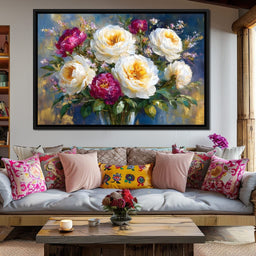 Golden Peonies on Blue Background - NicheCanvas