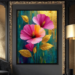 Teal Garden Golden Petals Flourish - NicheCanvas