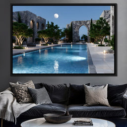 Moonlit Stone Courtyard Pool - NicheCanvas