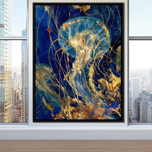 Golden Jellyfish Deep Blue Sea Canvas Print