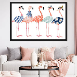 Four Stylish Flamingos on Summer Vacation - NicheCanvas