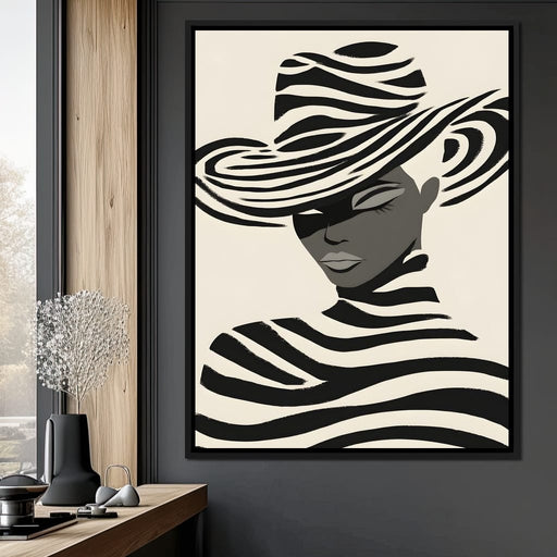 Monochrome Zebra Hat Lady Canvas Print