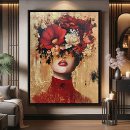 Gilded Red Floral Crown Portrait - NicheCanvas
