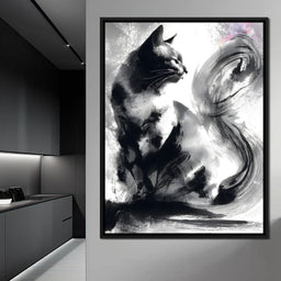 Sumi Ink Cat Reflecting Shadow - NicheCanvas