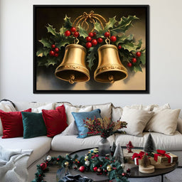 Golden Christmas Bells and Holly - NicheCanvas