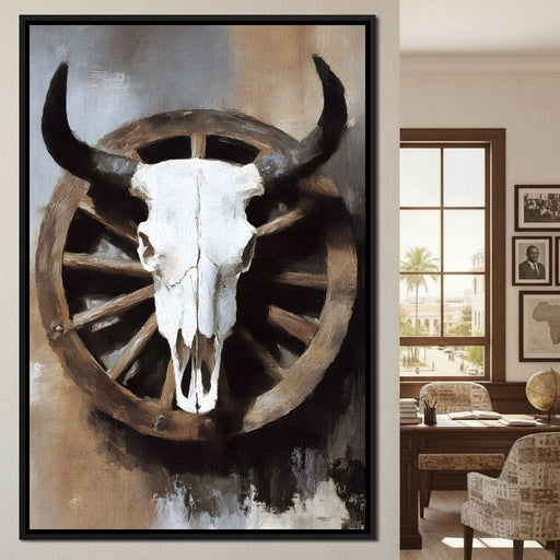 Western Bull Skull Wagon Wheel Canvas Print