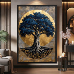 Golden Halo Blue Tree of Life - NicheCanvas