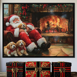 Santa Fireside Nap with Puppies - NicheCanvas