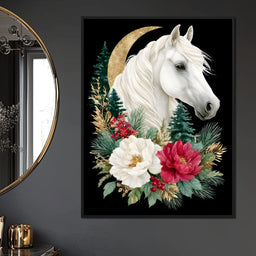 Moonlit Floral Gold White Horse - NicheCanvas