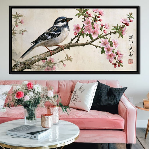Small Bird Perched Upon Pink Petals Canvas Print