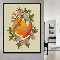 Koi Duet With Sakura Circle - NicheCanvas