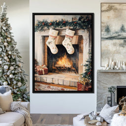Christmas Gift Socks by the Fireplace - NicheCanvas