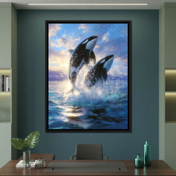 Breaching Orcas Dawn Ocean Dance - NicheCanvas