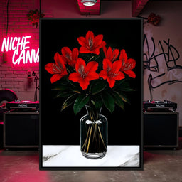 Scarlet Blooms in Glass Vase - NicheCanvas