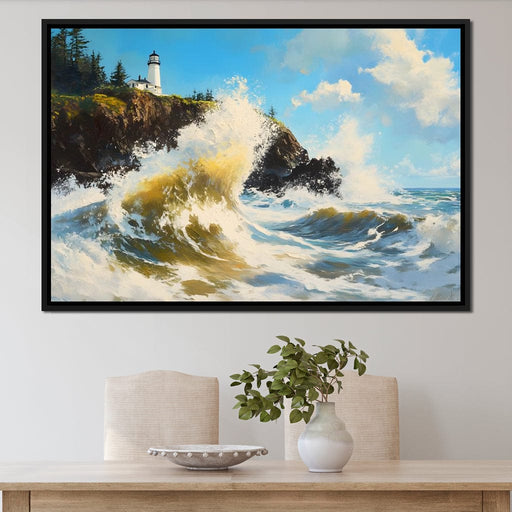 Towering Waves Against Lighthouse Canvas Print