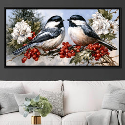 Two Chickadees Upon The Holly Branch - NicheCanvas
