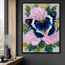 Blue Monarch on Pink Blossoms - NicheCanvas