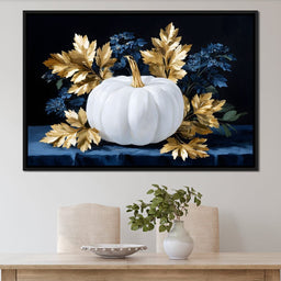 White Pumpkin And Golden Leaves - NicheCanvas