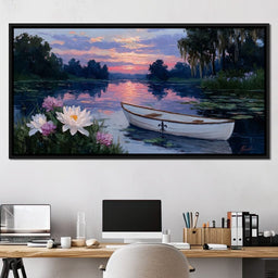 Tranquil Lotus Evening Rowboat - NicheCanvas