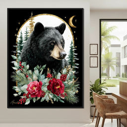 Moonlit Floral Gold Black Bear - NicheCanvas