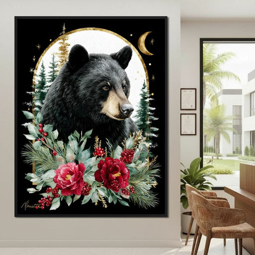 Moonlit Floral Gold Black Bear Canvas Print