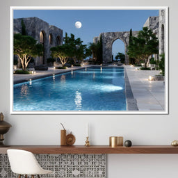 Moonlit Stone Courtyard Pool - NicheCanvas