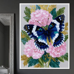 Blue Monarch on Pink Blossoms - NicheCanvas