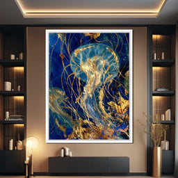 Golden Jellyfish Deep Blue Sea - NicheCanvas