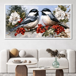 Two Chickadees Upon The Holly Branch - NicheCanvas