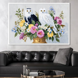 Snowy Owls Floral - NicheCanvas