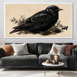 Solitary Starling Perched Upon Wild Berries - NicheCanvas