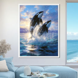 Breaching Orcas Dawn Ocean Dance - NicheCanvas
