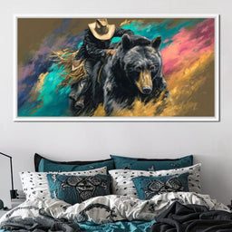 Cowboy Riding Wild Bear - NicheCanvas