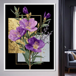 Golden Frame Violet Blossoms - NicheCanvas