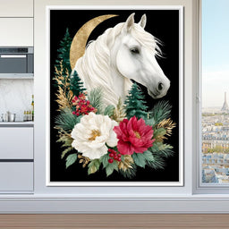 Moonlit Floral Gold White Horse - NicheCanvas